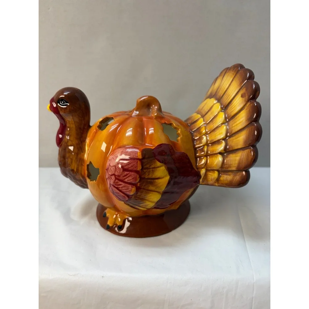 Ceramic Turkey Pumpkin Candle Holder Thanksgiving Autumn Luminary Decor Brown